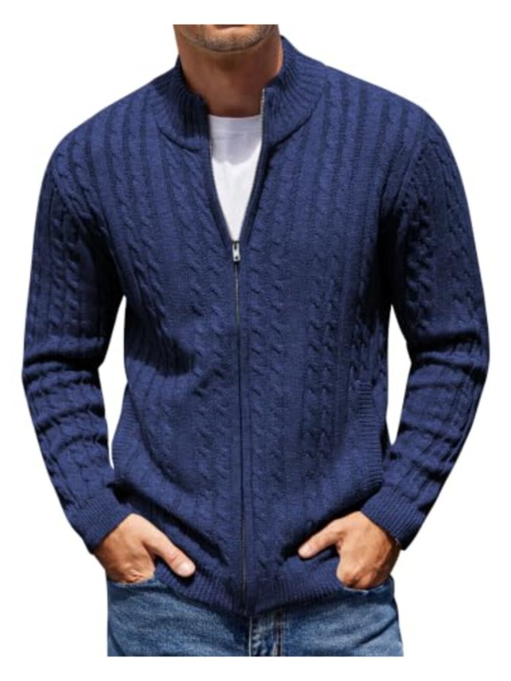 Men's Cable Knit Full Zip Cardigan Sweater Slim Fit High Neck Long Sleeve